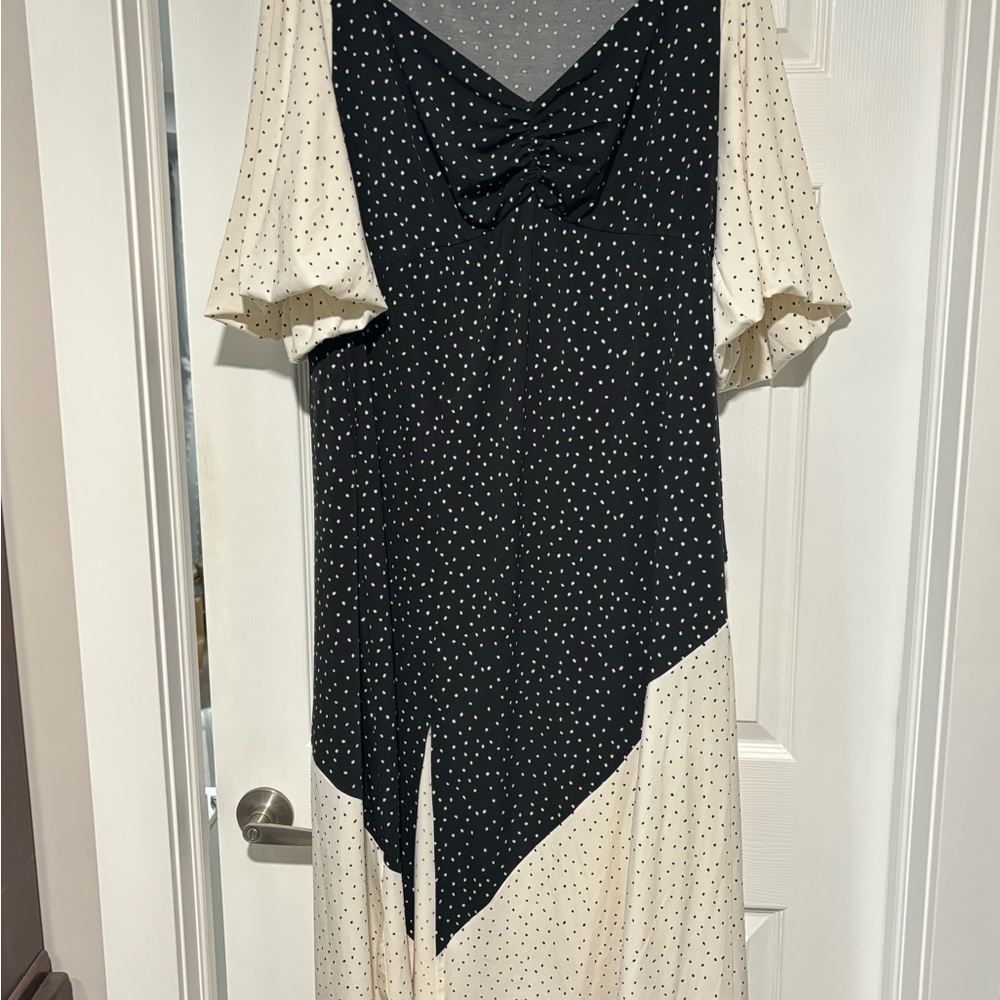 Torrid Black and Cream Asymmetrical Polka Dot Dress